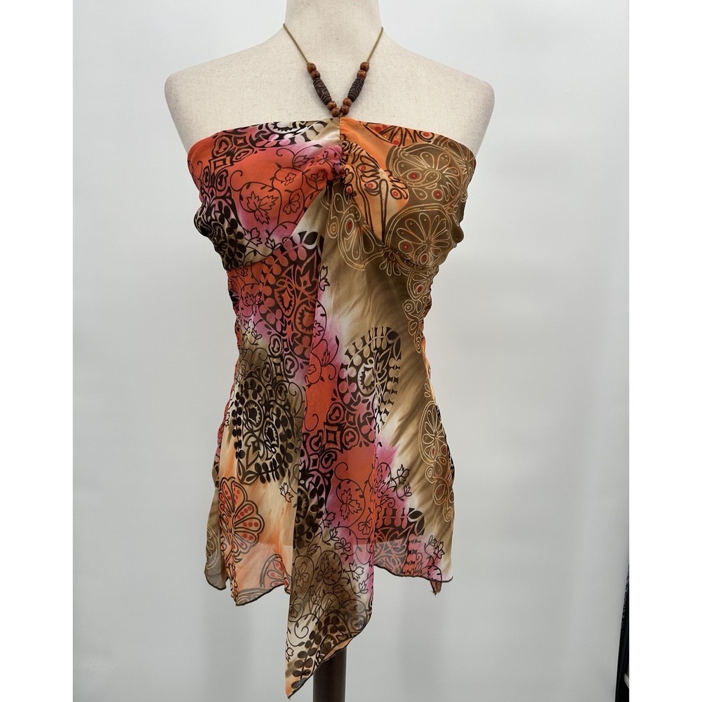 VTG Y2K MKM Designs Boho Beaded Sheer Halter Top Size L Indie Sleaze Mcbling